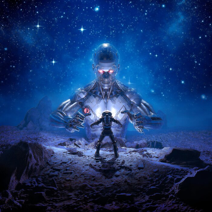 Poster  Sentinel of Titan / 3D illustration of retro science fiction scene showing astronaut encountering giant alien robot on desert planet