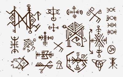 Poster  Set de runes islandaises et viking du Futhark. Main magique dessiner des symboles comme des talismans scriptés. Jeu de runes anciennes d'Islande vectorielles. Galdrastafir, signes mystiques de la magi