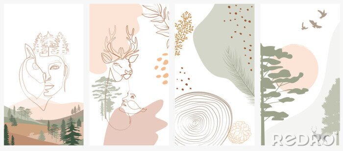 Poster  Set of abstract vertical background with forest animals, woman face, plants in one line style and abstract shapes and landscape. Background for social media minimalistic style. Vector illustration