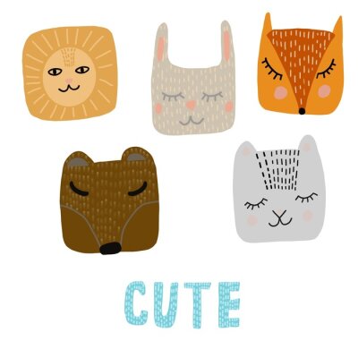 Poster  Set of animals in cartoon style. Cute smiley bear, rabbit, Fox,cat, lion. Scandinavian style. Funny illustration