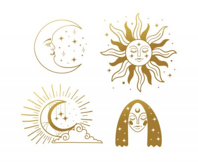 Sticker  Set of beautiful golden mystical elements in boho style, sun and crescent with a face, the moon, a female face with stars. Elements for design, tattoo, sticker. Linear vector illustration isolated on