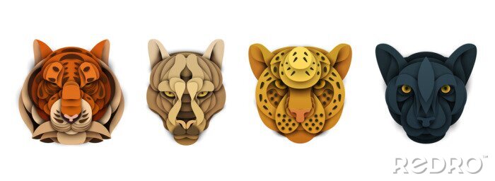 Poster  Set of cartoon wild animal head in trendy paper cut craft graphic style. Tiger, cougar, leopard, panther. Modern design for advertising cover, poster, banner. Vector illustration