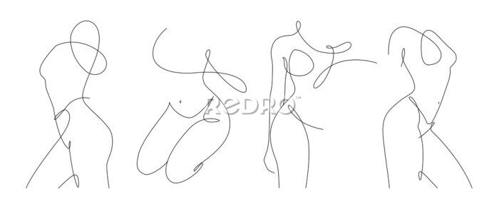 Poster  Set of elegant line art of erotic woman figure. Silhouette of female in contemporary one line style. Design element for for cosmetics advertising, posters, wall art, stickers. 