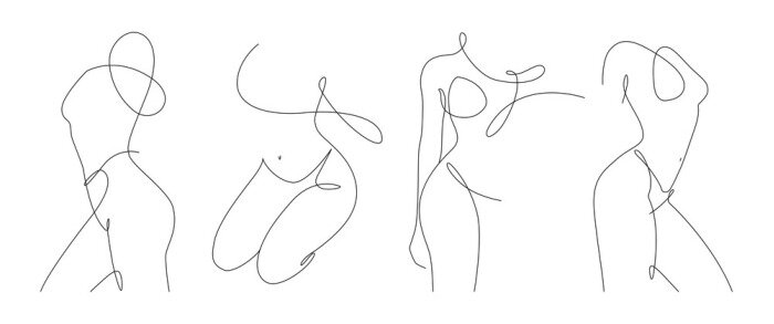 Poster  Set of elegant line art of erotic woman figure. Silhouette of female in contemporary one line style. Design element for for cosmetics advertising, posters, wall art, stickers. 