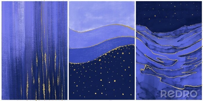Poster  set of three arts with night landscape with sky and stars, minimalistic collection of cover design templates, interior paintings decoration, bundle of elegant modern posters in trendy very peri color
