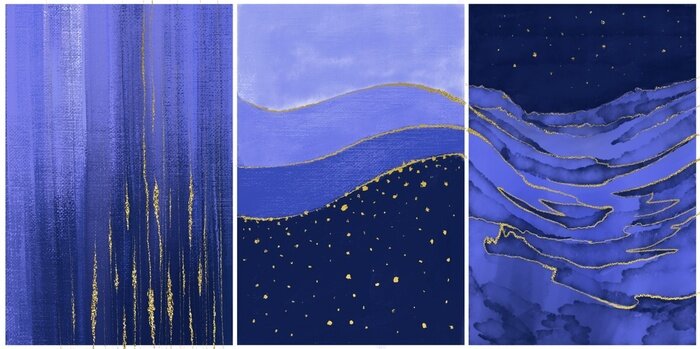 Poster  set of three arts with night landscape with sky and stars, minimalistic collection of cover design templates, interior paintings decoration, bundle of elegant modern posters in trendy very peri color
