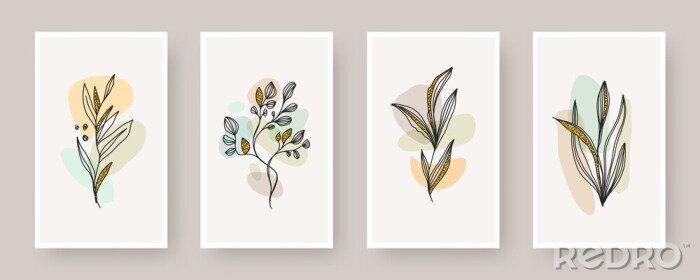 Poster  Set of wall art poster. Abstract shape and line art plant with glitter gold, Boho style botanical design for cover, print, poster, wall decoration. Vector floral design.