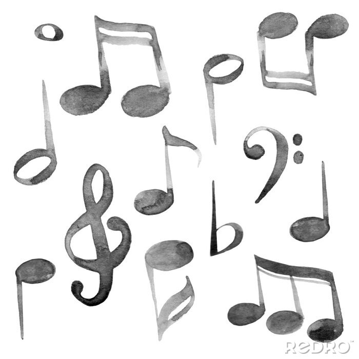 Poster  Set of watercolor music notes and keys set in black ink 