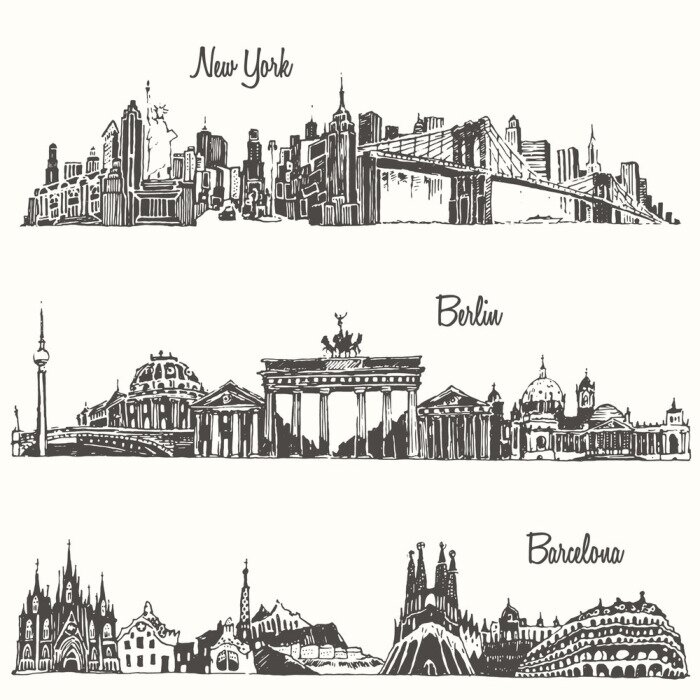 Poster  Set villes New york Berlin Barcelone vecteur croquis