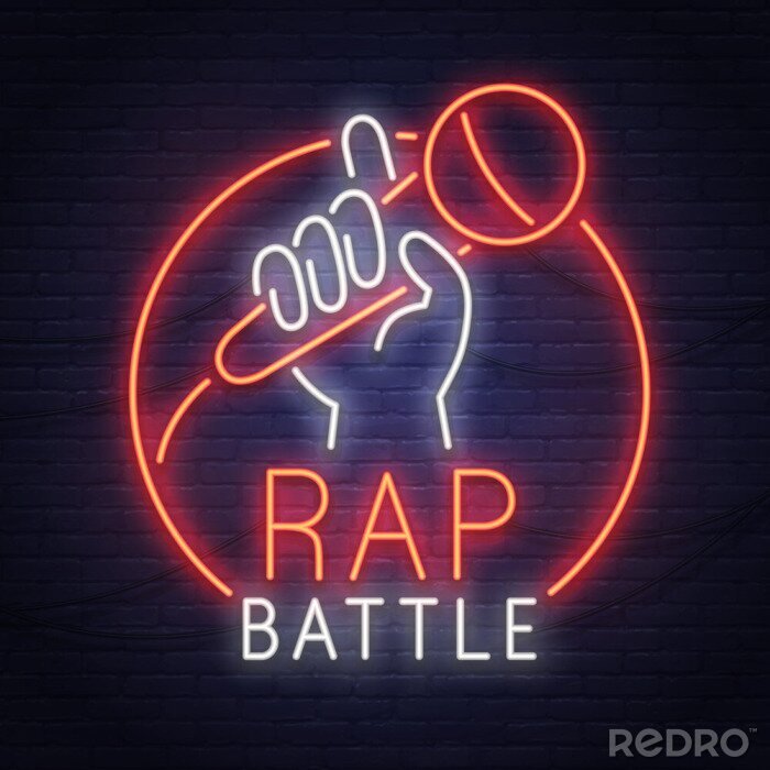 Poster  Signe au néon de Rap Battle. Enseigne au néon. Stand Up logo, emblème et étiquette. Panneau lumineux, bannière lumineuse.