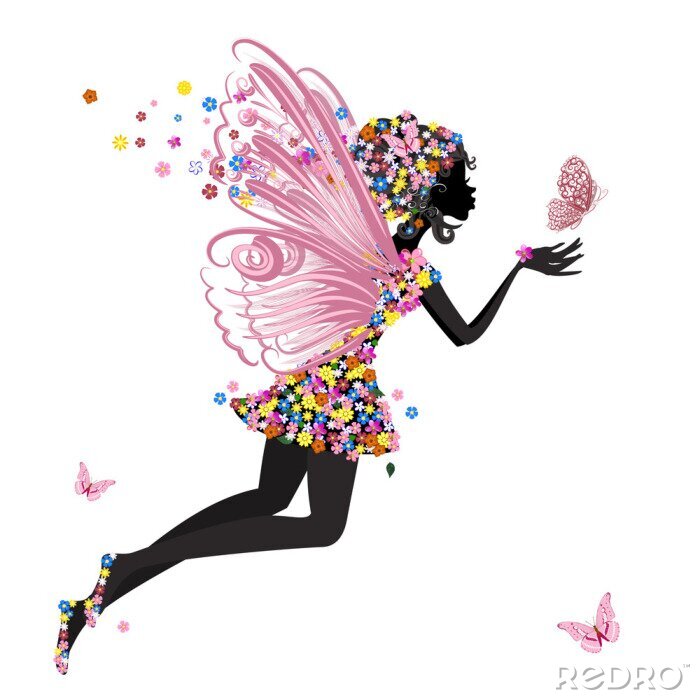 Poster  Silhouette d'une fée ailée avec une robe à fleurs