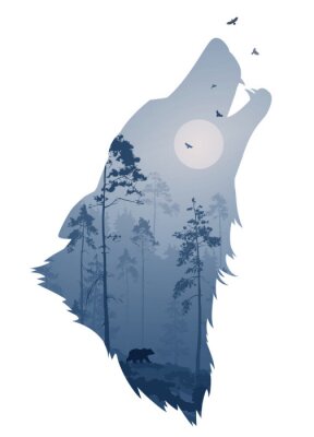 silhouette de la tête du loup hurlant. A l'intérieur c'est une forêt de nuit avec un ours et des oiseaux. Illustration vectorielle, fond blanc, objet isolé