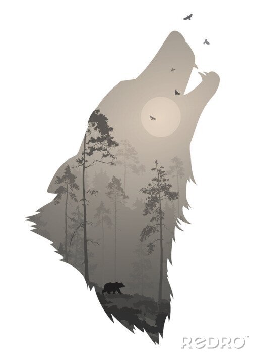 Poster  silhouette de la tête du loup hurlant. A l'intérieur c'est une forêt de nuit avec un ours et des oiseaux. Illustration vectorielle, fond blanc, objet isolé