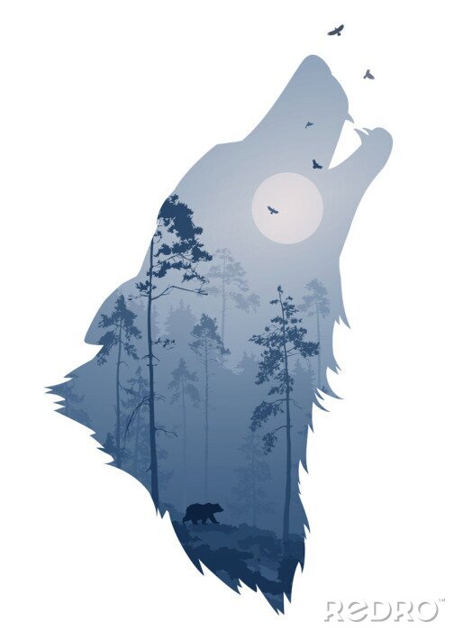 Poster  silhouette de la tête du loup hurlant. A l'intérieur c'est une forêt de nuit avec un ours et des oiseaux. Illustration vectorielle, fond blanc, objet isolé