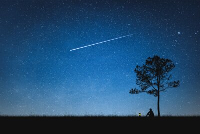 Poster  Silhouette, homme, séance, montagne, ciel, nuit, à, étoile filante Seul concept.