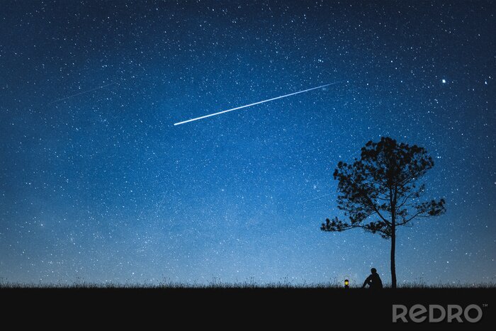 Poster  Silhouette, homme, séance, montagne, ciel, nuit, à, étoile filante Seul concept.