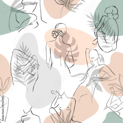 Papier peint  Silhouettes féminines minimalistes sur fond tropical Feuilles