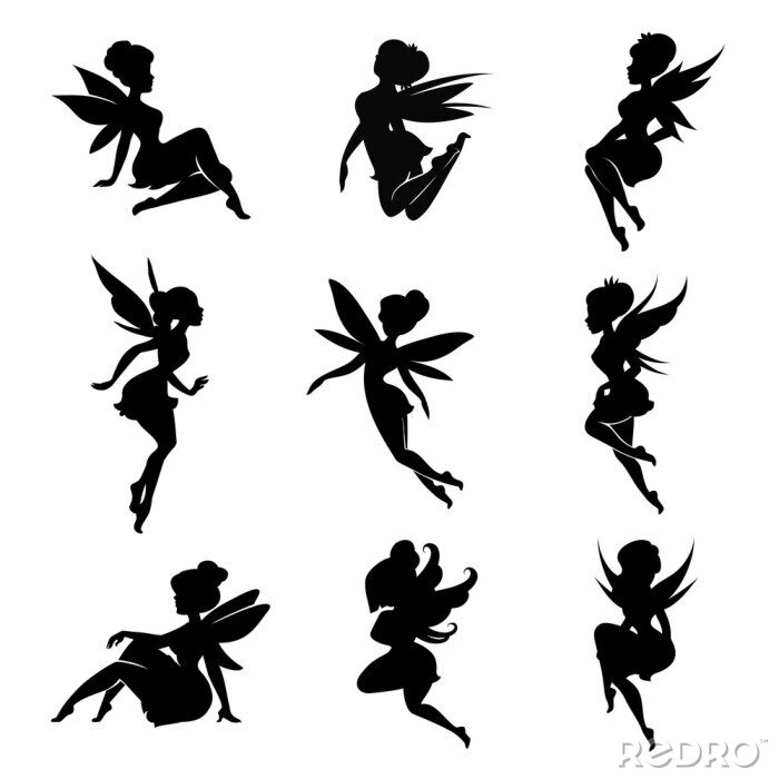 Poster  Silhouettes noires de fées avec des ailes