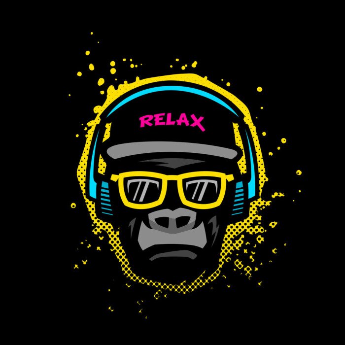 Poster  Singe avec des lunettes et des écouteurs. Illustration dans des couleurs vives sur fond de texture grunge.