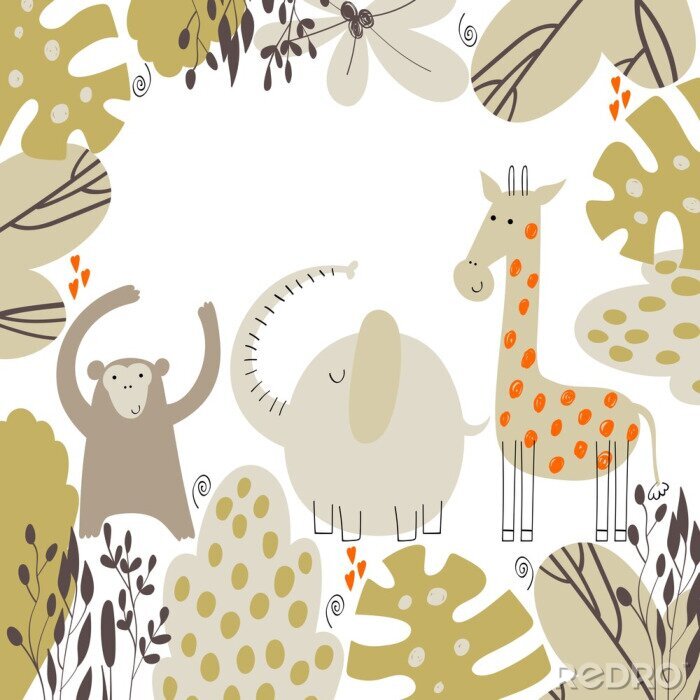 Poster  Singe, girafe et éléphant jouant ensemble