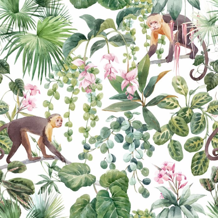 Poster  Singes au milieu de plantes tropicales avec des fleurs