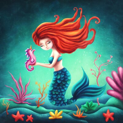 Poster  Sirène aux cheveux roux et hippocampe