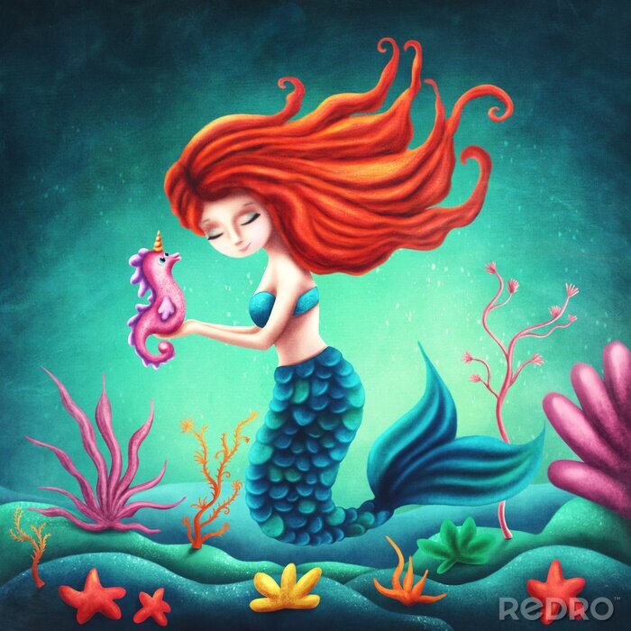 Poster  Sirène aux cheveux roux et hippocampe