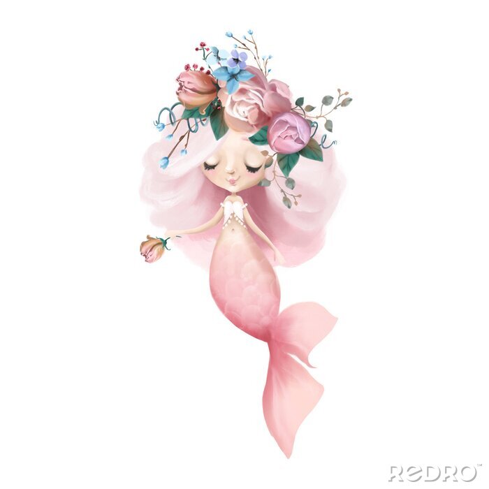 Poster  Sirène avec une queue rose et une rose à la main