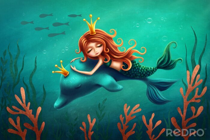 Poster  Sirène chevauchant un dauphin dans l'océan