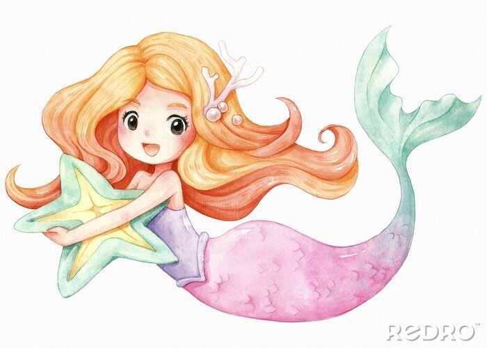 Poster  Sirène joyeuse avec une étoile de mer dans les mains