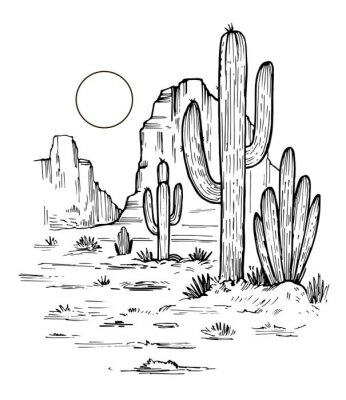 Poster  Sketch of the desert of America with cacti. Prairie landscape. Hand drawn vector illustration