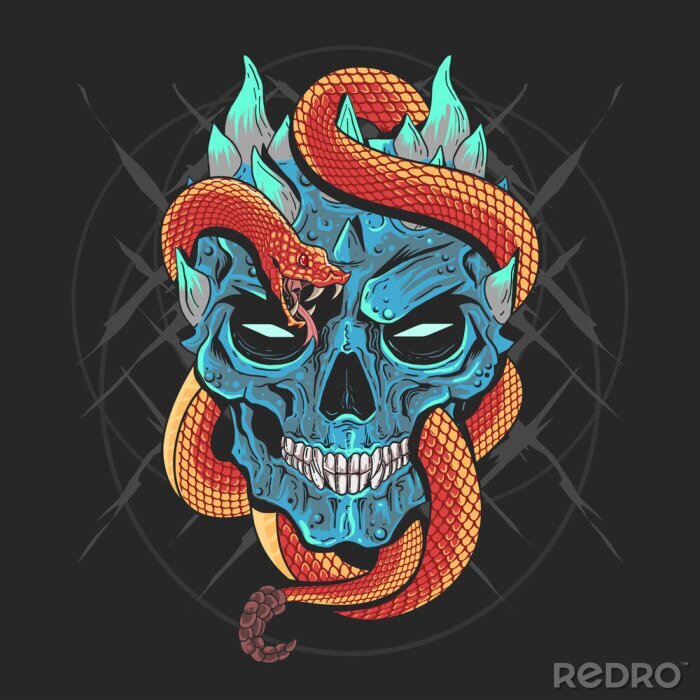 Poster  SKULL HEAD PUNK AND SNAKE ARTWORK DETAIL VECTOR WITH EDITABLE LAYERS GOOD FOR TSHIRT DESIGN AND ELEMENT HOROR AND 
