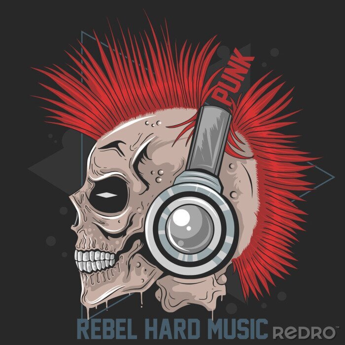 Poster  SKULL MUSIC HEADPHONE PUNK MOHAWK HAIR VECTOR ARTWORK