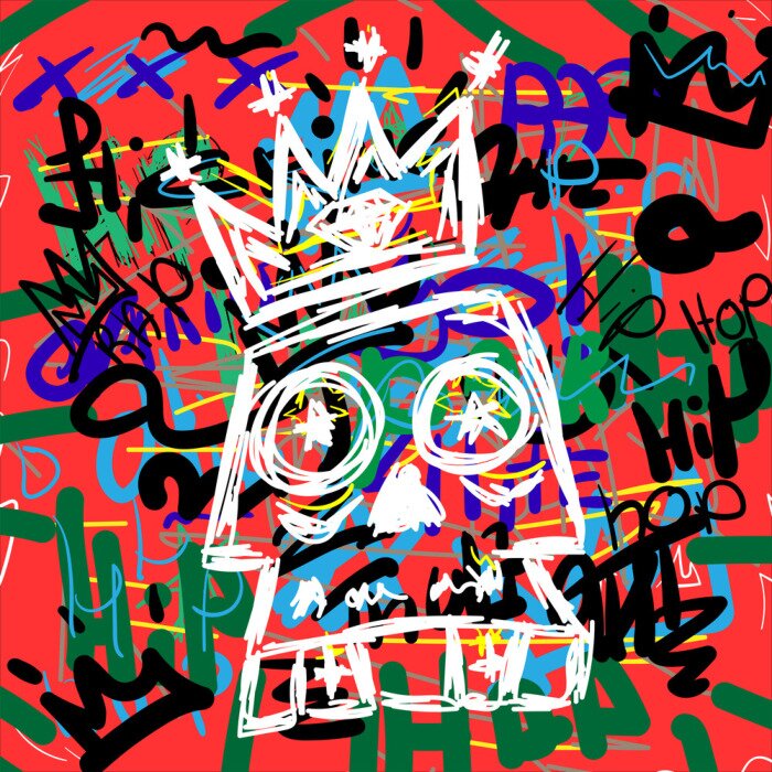 Poster  Skull with crown on hip hop background hand drawn. Doodle, sketch, scribble. Urban vector illustration.