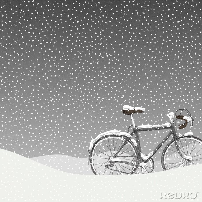 Poster  Snow Covered Bicycle Illustration, Calm Winter Scene