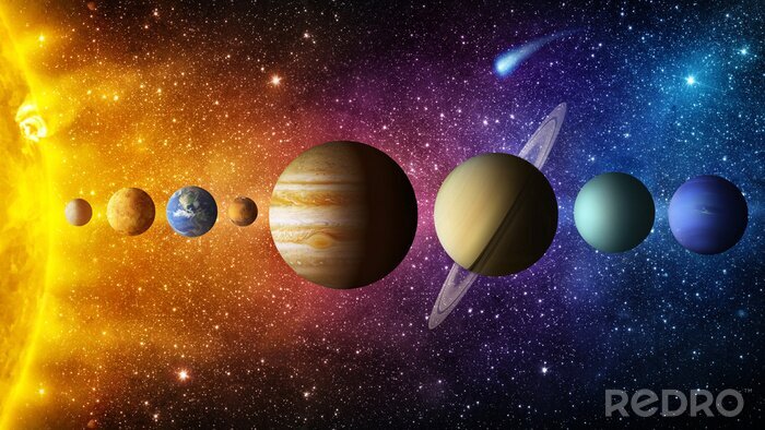 Poster  Solar system planet, comet, sun and star. Elements of this image furnished by NASA. Sun, mercury, Venus, planet earth, Mars, Jupiter, Saturn, Uranus, Neptune.  Science and education background.