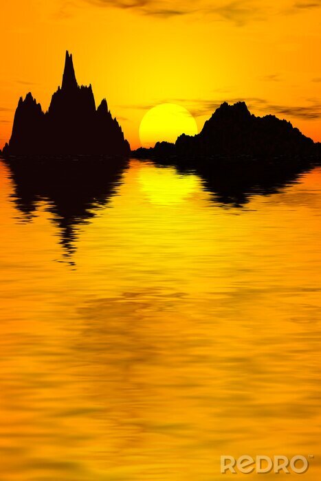 Poster  Soleil jaune entre les montagnes