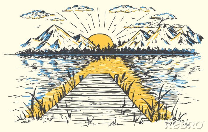 Poster  Soleil sur le lac, paysage avec un pont.