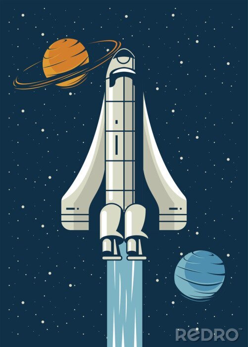 Poster  spaceship and planets in poster vintage style
