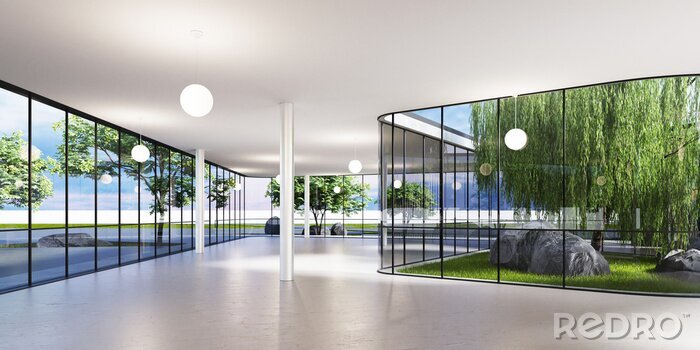 Poster  Spacious bright spatial rooms with lots of greenery behind the glass. Public premises for office, gallery, exhibition.