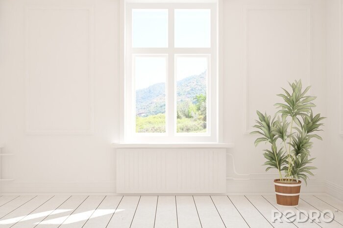 Poster  Stylish empty room in white color with summer landscape in window. Scandinavian interior design. 3D illustration