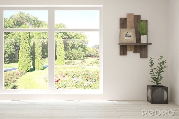 Poster  Stylish empty room in white color with summer landscape in window. Scandinavian interior design. 3D illustration