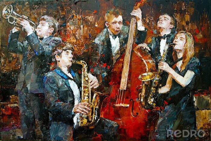 Poster  Stylish jazz band playing music on the scene, background is brown, painted in the expressive manner. Palette knife technique of oil painting and brush.