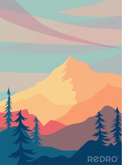 Poster  sunny landscape with mountains. warm illustration with hills, trees and clouds. Vector horizontal background