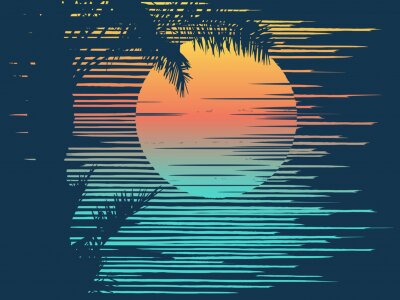 Poster  Sunset on tropical beach with palm tree. Sun over evening sea.