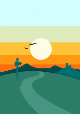Poster  Sunset or sunrise in mountain, nature landscape background vector illustration