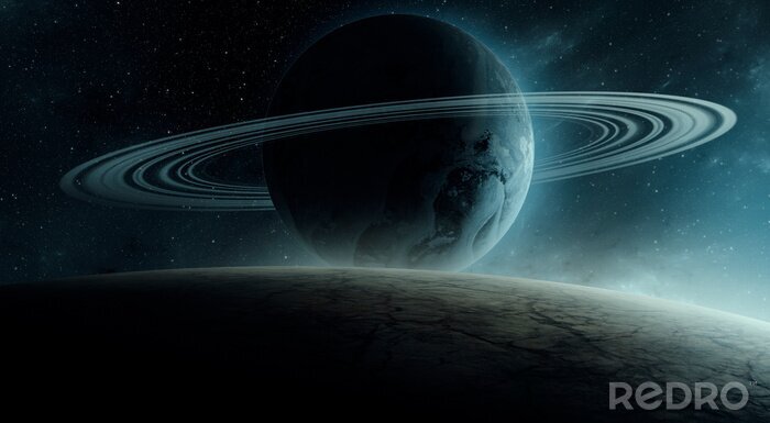 Poster  surreal space 3d illustration, planet with rings rising over horizon (no NASA images used)