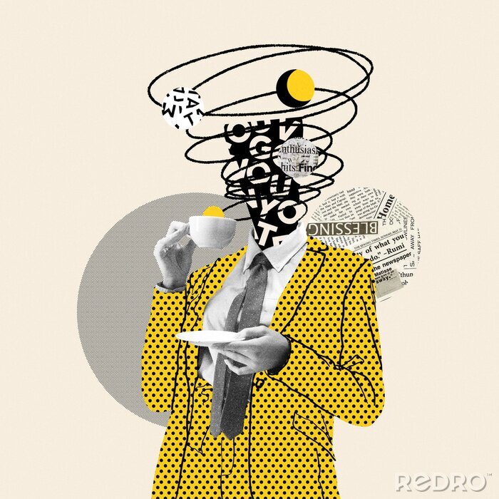 Poster  Taking a break. Comics styled yellow dotted suit. Modern design, contemporary art collage. Inspiration, idea concept, trendy urban magazine style. Negative space to insert your text or ad.