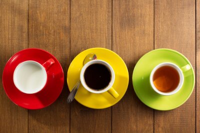 Poster  Tasse de thé, lait, café sur bois