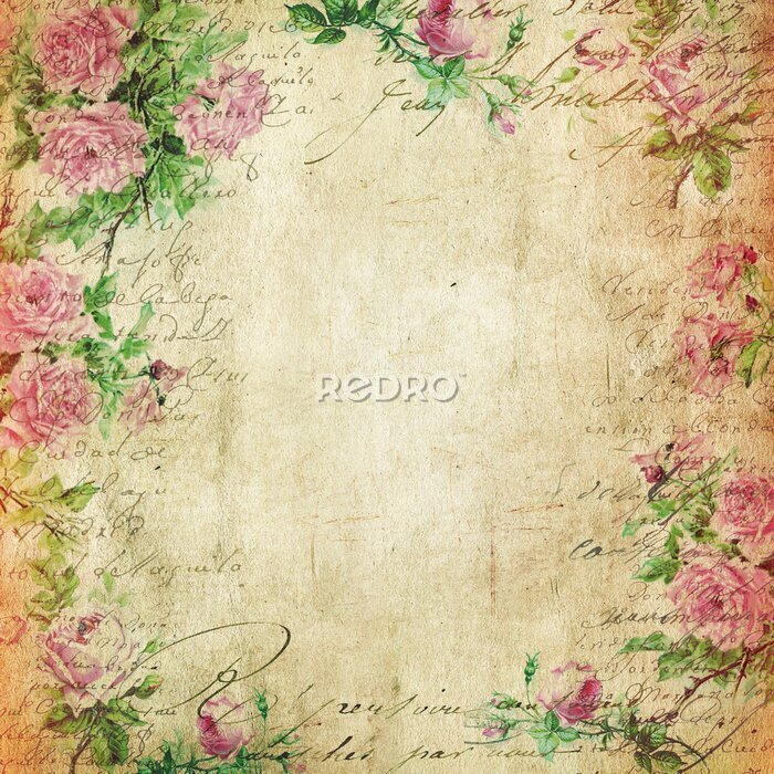 Poster  Texture de vieux papier avec fleurs roses